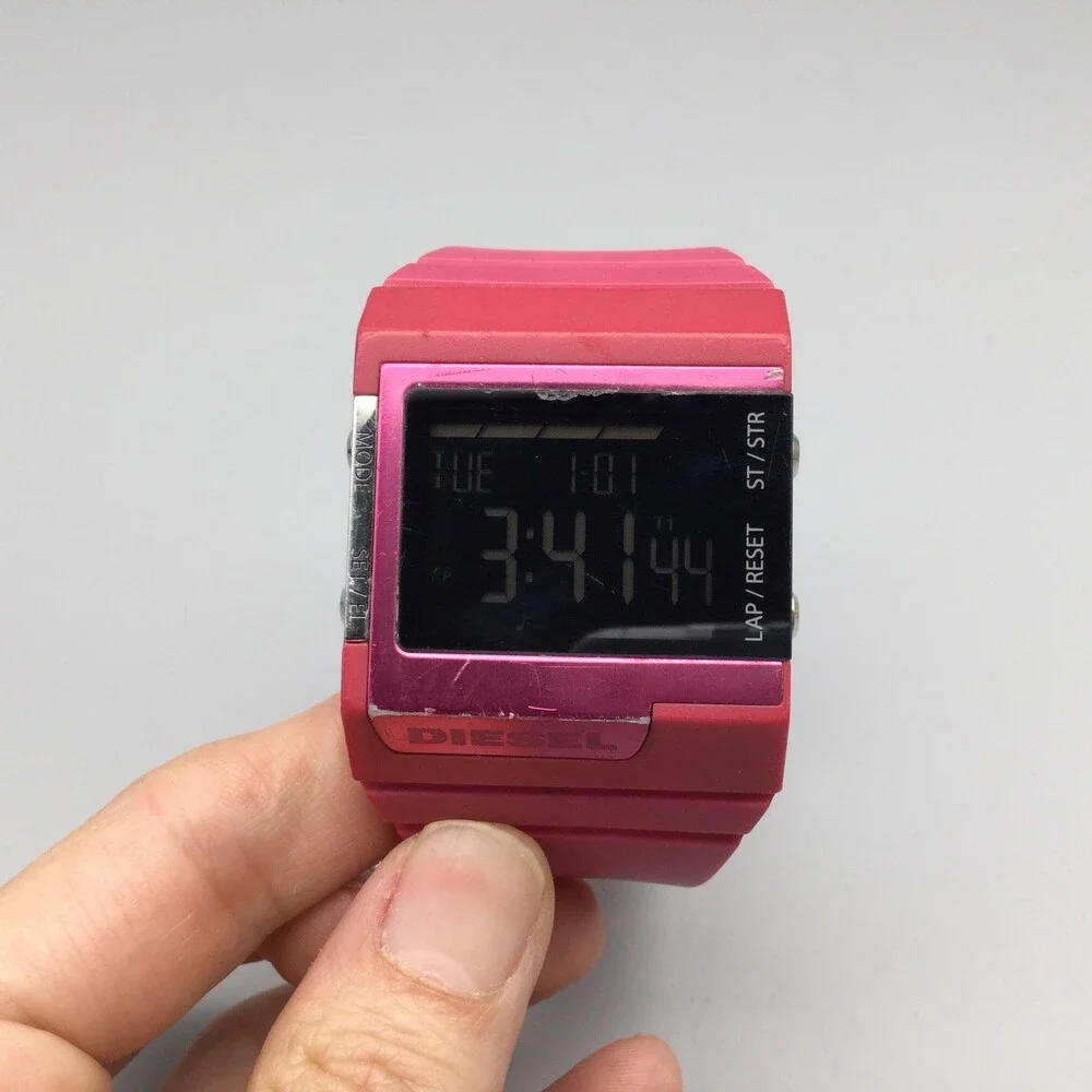 Diesel Womens Watch 38mm Black Digital Pink Rubber Backlight DZ7133 New Battery